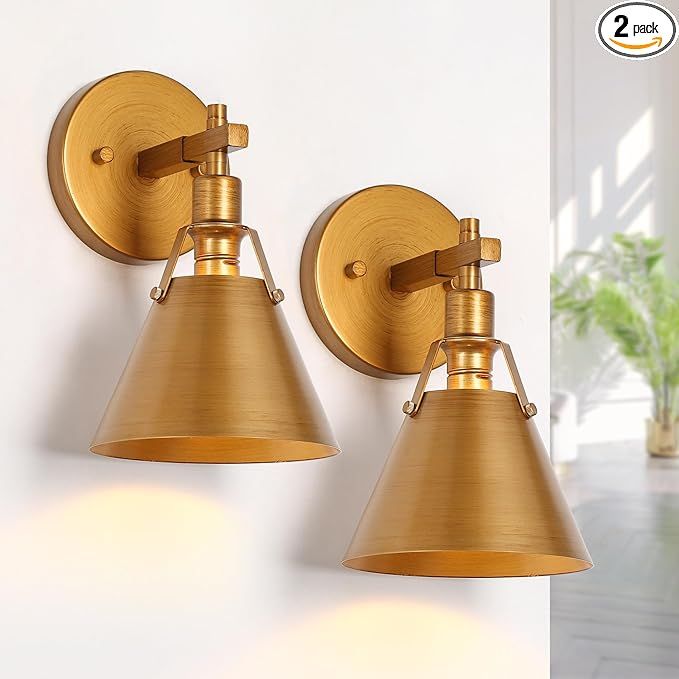KSANA Antique Gold Wall Sconces Set of Two, Brushed Brass Sconces Wall Lighting 2 Pack, Modern In... | Amazon (US)