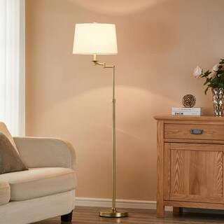 KAWOTI 64.5 in. Antique Brass Height Adjustable Swing Arm Floor Lamp with White Shade 21317 - The... | The Home Depot