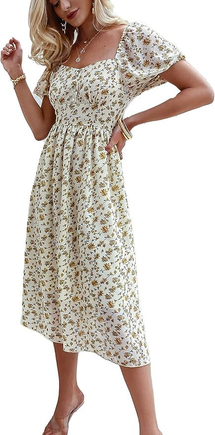 GRACEVINES Women’s Summer v Neck Floral Midi Dress a Line High Waist Ruffle Swing Boho Sundress | Amazon (US)