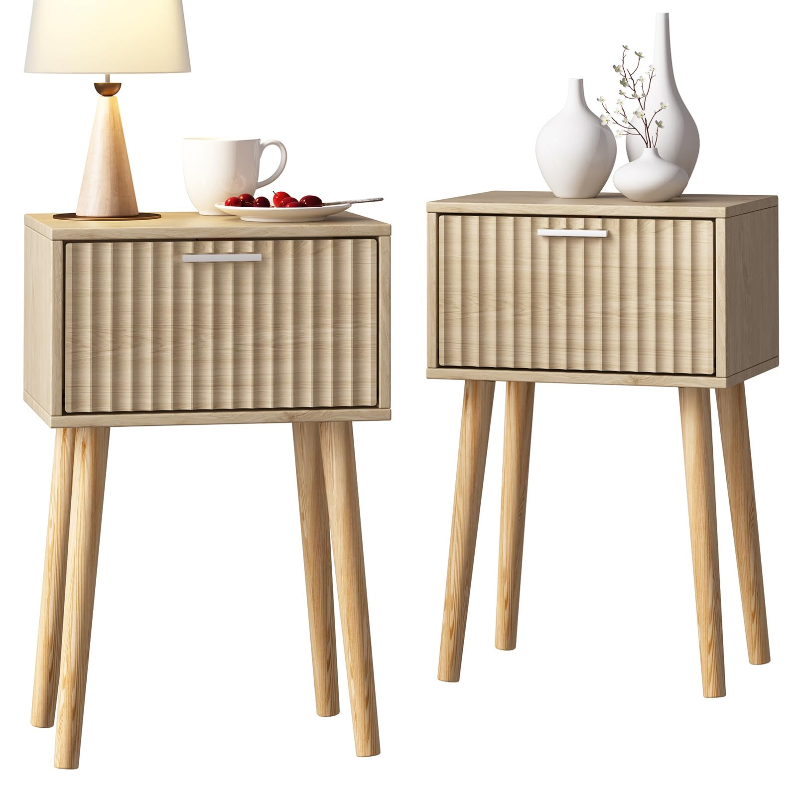 LAATOOREE Nightstands Set of 2, Small Side Table, Bedside Table with Fluted Door, Solid Wood Feet... | Amazon (US)