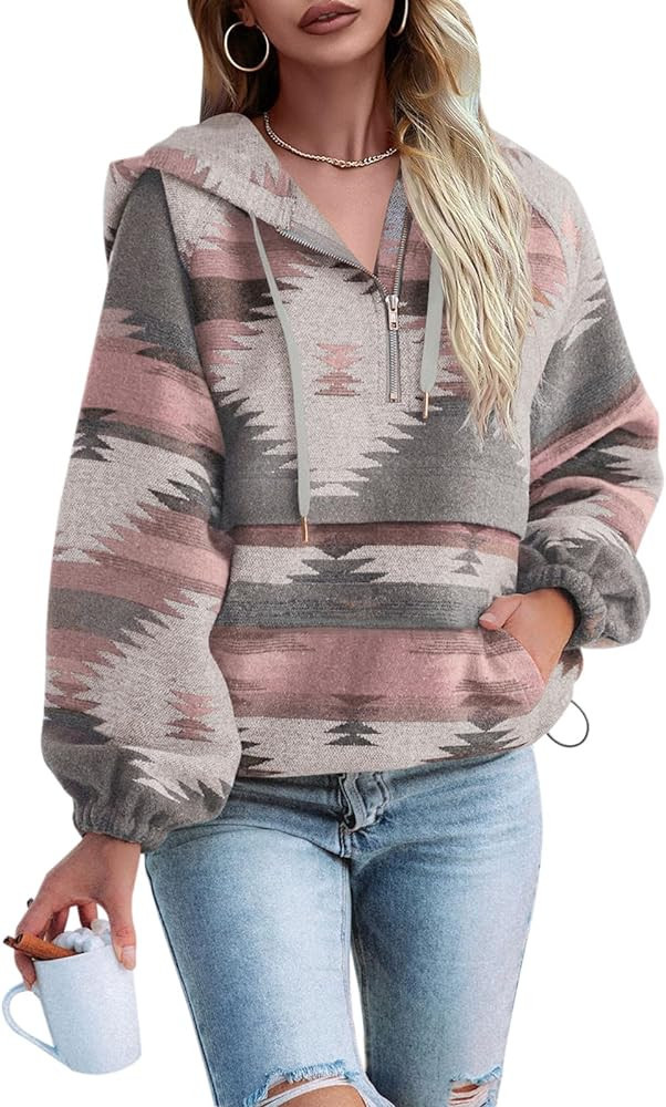 Fessceruna Womens Aztec Half Zip Up Hoodies Sweatshirt Casual Long Sleeve Oversized Ethnic Tribal... | Amazon (US)