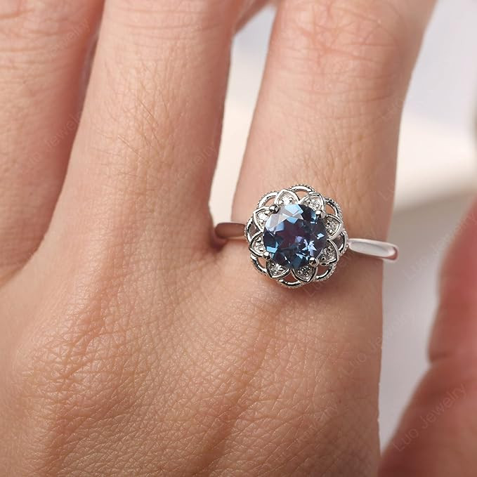 LUO 925 Sterling Silver Vintage Flower Ring Round Shaped Gemstone Ring Double Halo Engagement Pro... | Amazon (US)
