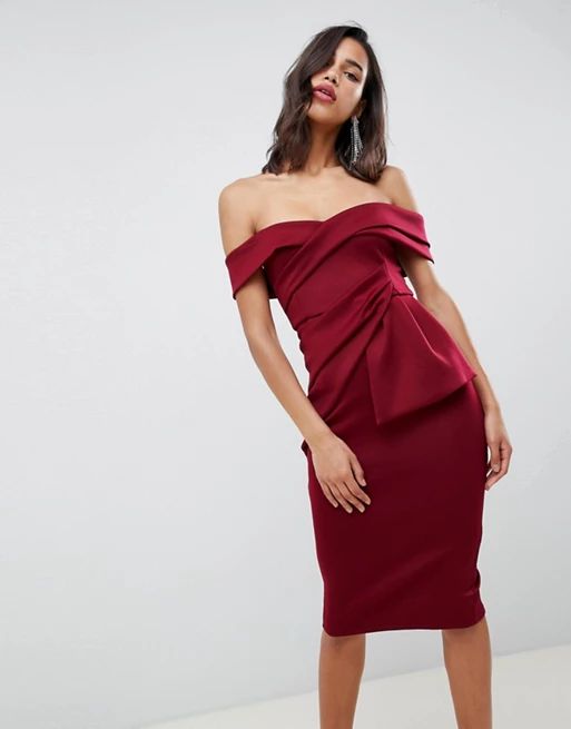 ASOS DESIGN Bardot Fold Wrap Front Midi Pencil Dress | ASOS US