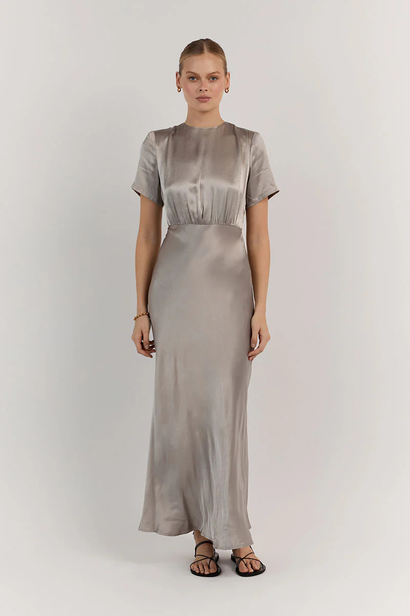 ANABELLE PEWTER SATIN MIDI DRESS | DISSH
