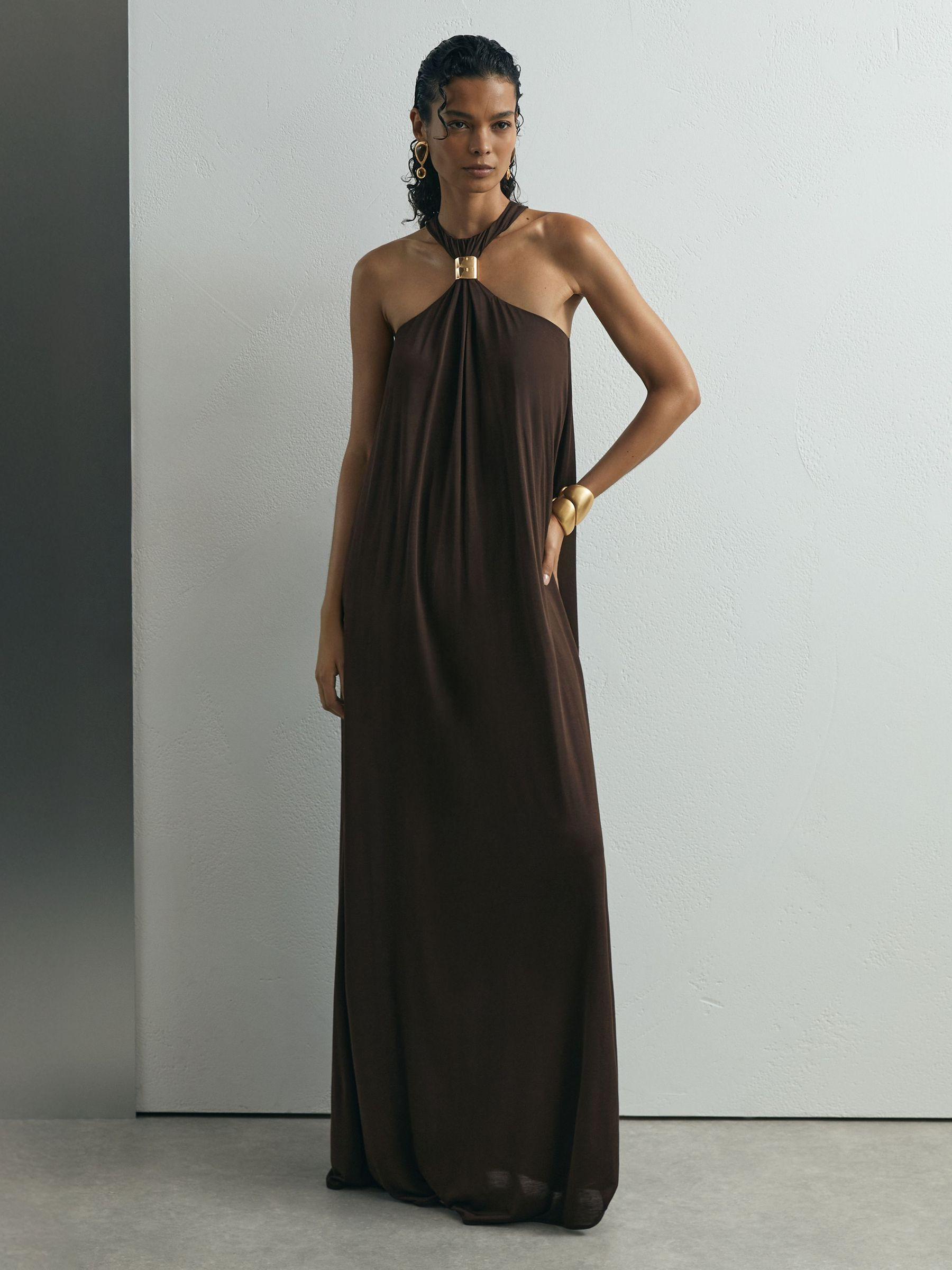 Atelier Jersey Hardware-Detail Maxi Dress in Chocolate | Reiss UK