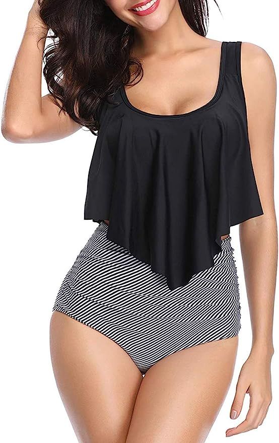 Angerella Women Ruffled Overlay High Waist Tankini Tummy Control Bathing Suits | Amazon (US)