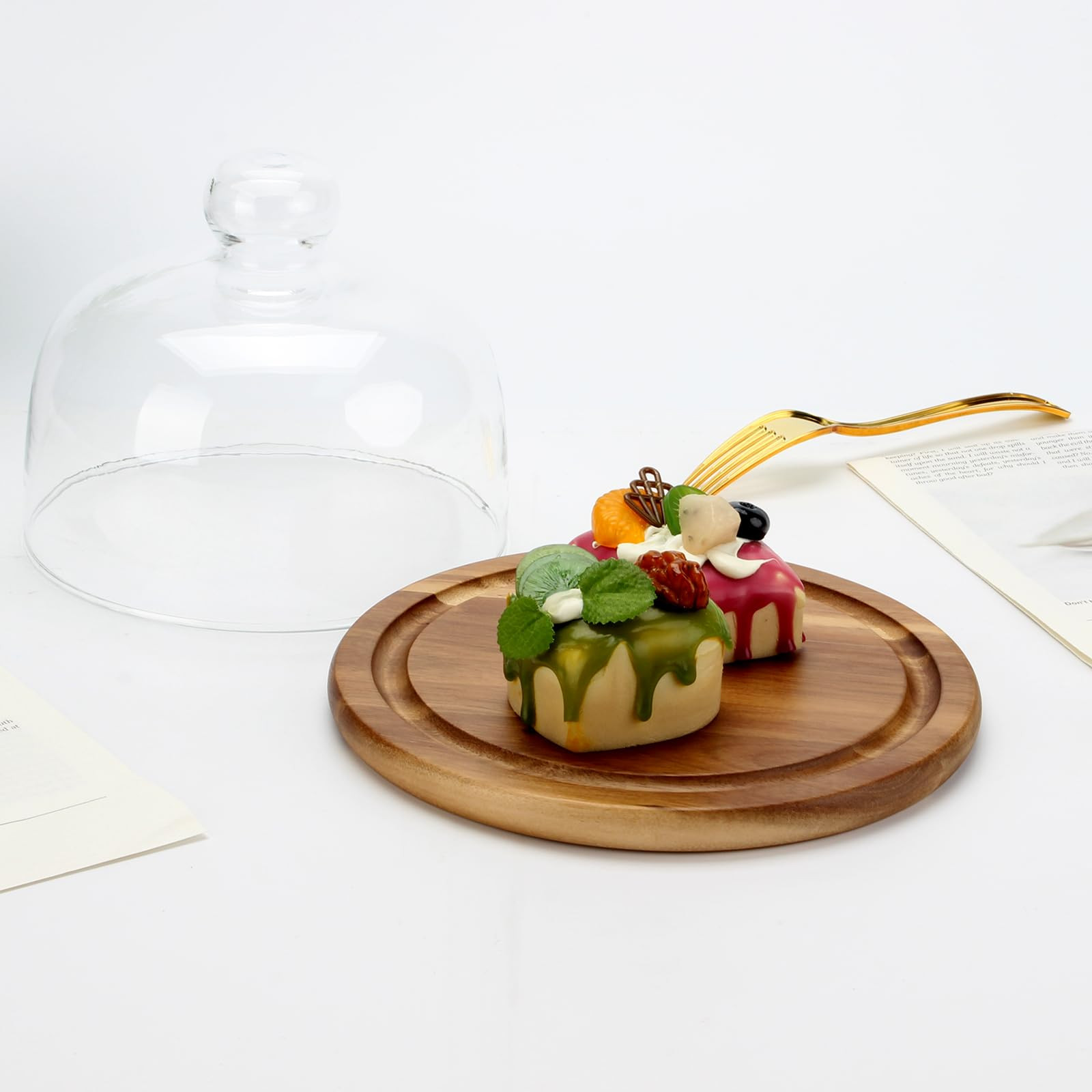 8.6''Cake Stand with Glass Dome, 2-in-1 Acacia Wood Cheese Cupcake Decorative Tray, Glass Dome wi... | Amazon (US)