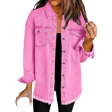 Tittly Coats for Women Jackets for Women Washed Denim Shirt Jacket Fashion Casual Hem Women s Jacket Jean Jacket fall jacket Hot Pink XXL | Walmart (US)