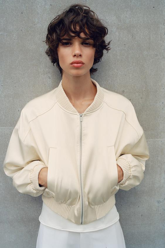 Zara - Satin Cropped Bomber Jacket - Beige - Xs - Woman | Zara UK