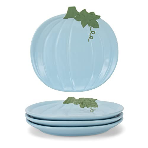 Nat & Jules Pumpkin Shaped 8 x 8 Inch Ceramic Small Dining Plates: Perfect for Thanksgiving, Halloween and Indoor Fall Table Décor & Service - Set of 4, Powder Blue | Amazon (US)