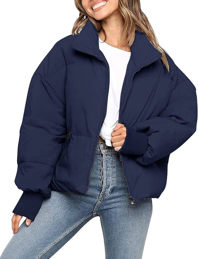 MEROKEETY Women's Winter Long Sleeve Zip Puffer Jacket Pockets Baggy Short Down Coats | Amazon (US)