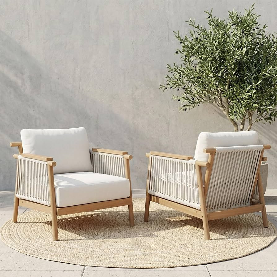 Amazon.com: Macrout Patio Rattan Chair, Outdoor Wicker Furniture with 7.9\u2033 Thickened Cushions and Acacia Wood Frame for Backyard, Deck, Indoor (2, Cream White) : Patio, Lawn & Garden | Amazon (US)