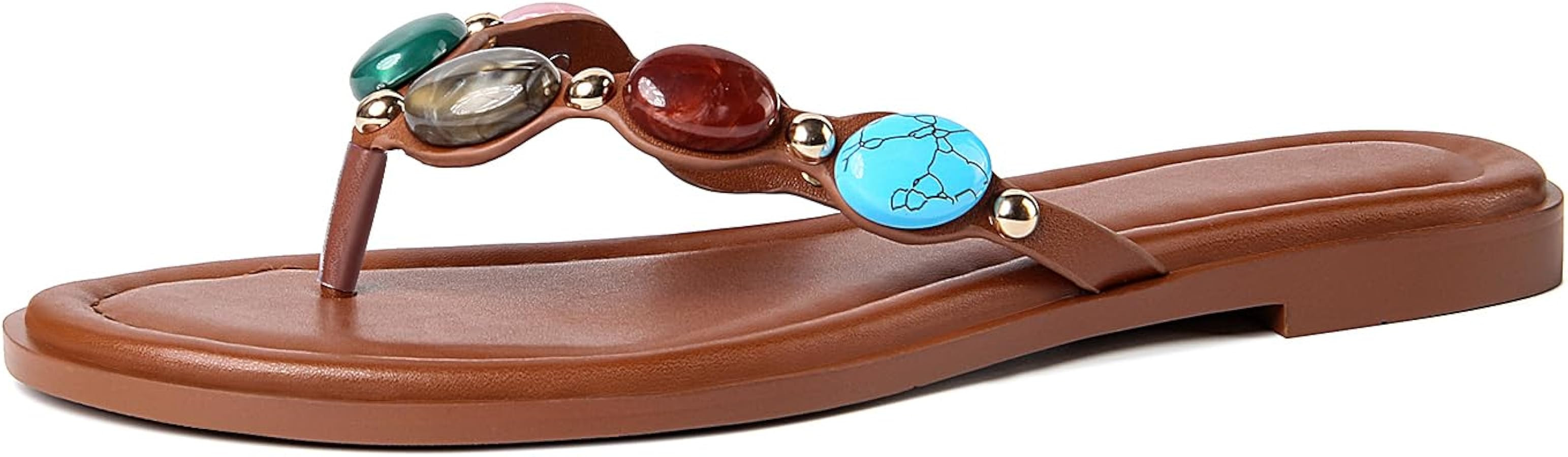 Jewelled Thong Sandal for Women Open Round Toe Flip Flops Comfy Slip on Flats Sandals Casual Summ... | Amazon (US)
