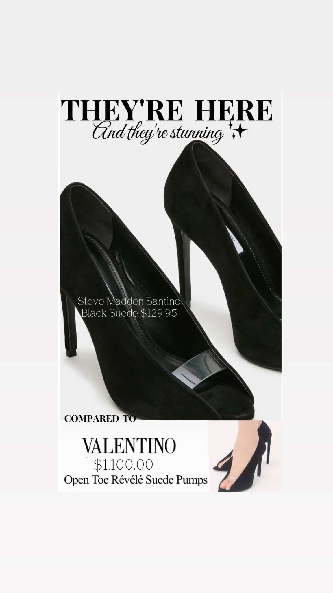 I have been waiting to find the perfect dupe for the gorgeous Open Toe Révélé Suede Pumps that showed up at Paris Fashion week ✨ Steve Madden has delivered with their Santino Suede Pump 🖤

#LTKgrwm #LTKSaleAlert #LTKootd