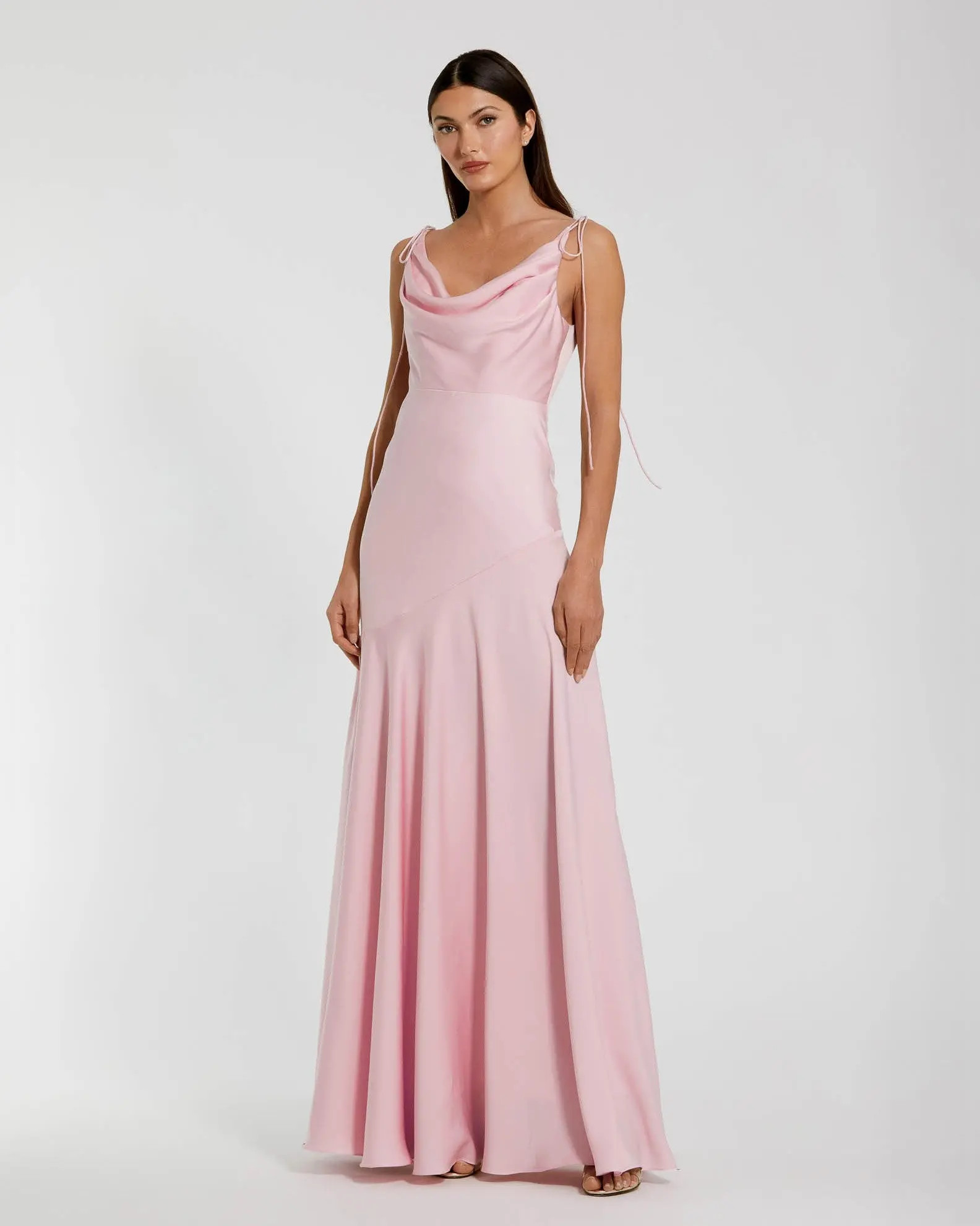 Pink Charmeuse Cowl Neck Gown with Bow Straps | Mac Duggal | Mac Duggal