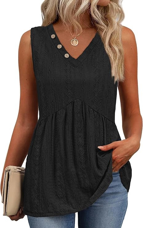 OFEEFAN Womens Tank Tops 2026 Boho Fashion Clothing Flowy Peplum Top Button Down Sleeveless V Nec... | Amazon (US)