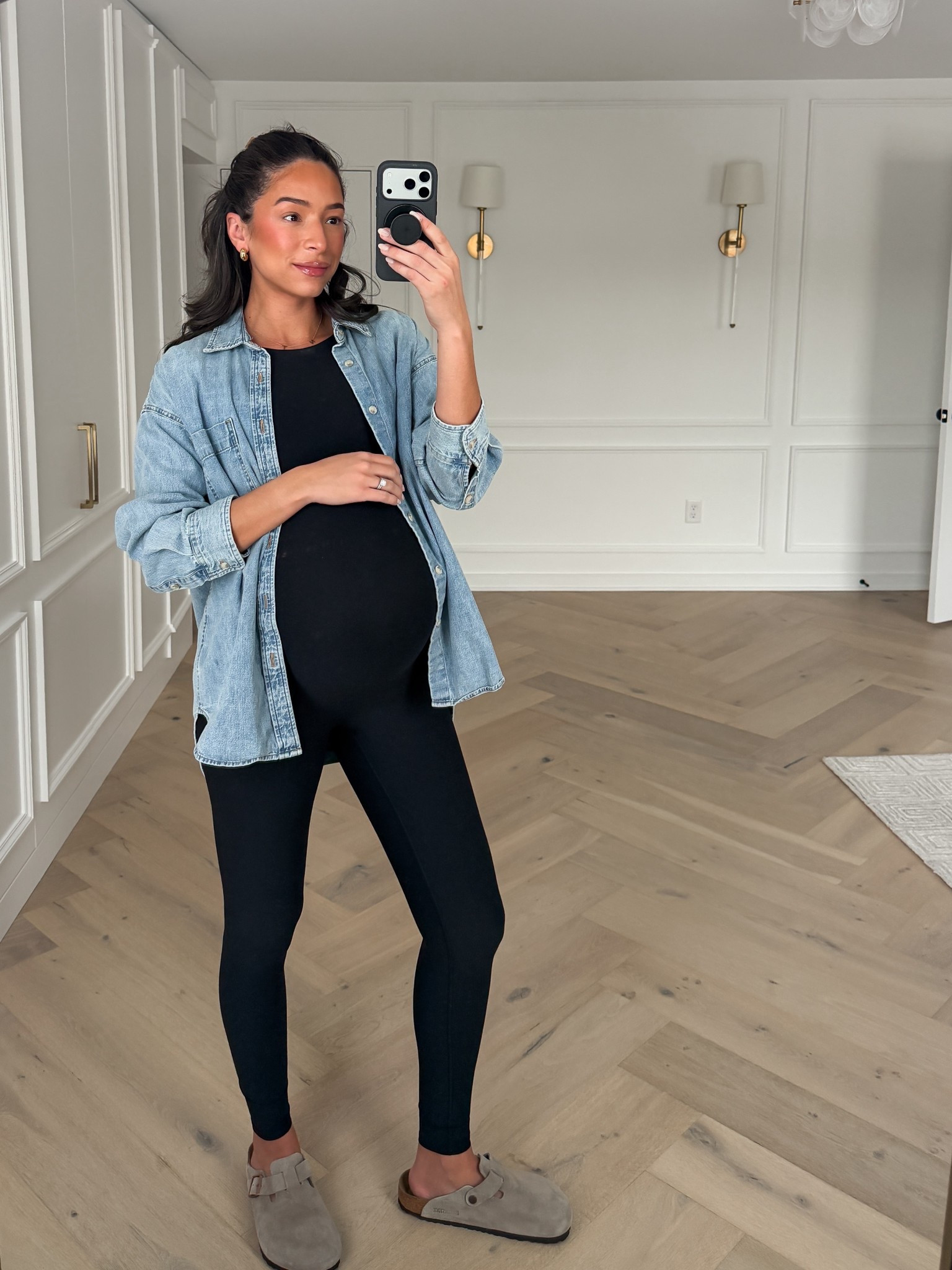 Late pregnancy uniform! Fitted base and a comfy layer 👏🏽 love this denim shirt over this super stretchy and comfy jumpsuit. Wearing a S in shirt (color: 7 yrs pct bleu) and S in jumpsuit (code NENAXSPANX to save)

#LTKootd #LTKBump