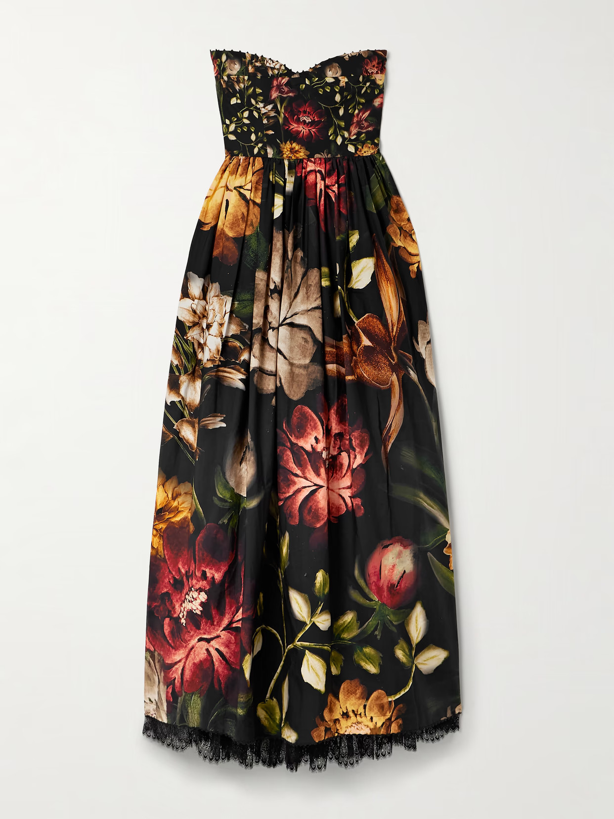 Agua by Agua Bendita - Tonia Paramo Strapless Lace-trimmed Embellished Floral-print Cotton-poplin Midi Dress - Black | NET-A-PORTER (US)