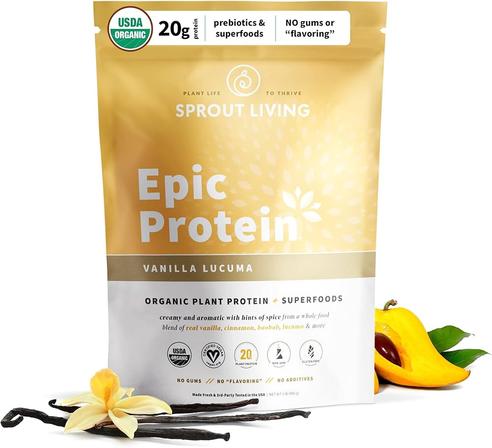Sprout Living Epic Protein, Plant Based Protein & Superfoods Powder, Vanilla Lucuma Powder | 20 G... | Amazon (US)