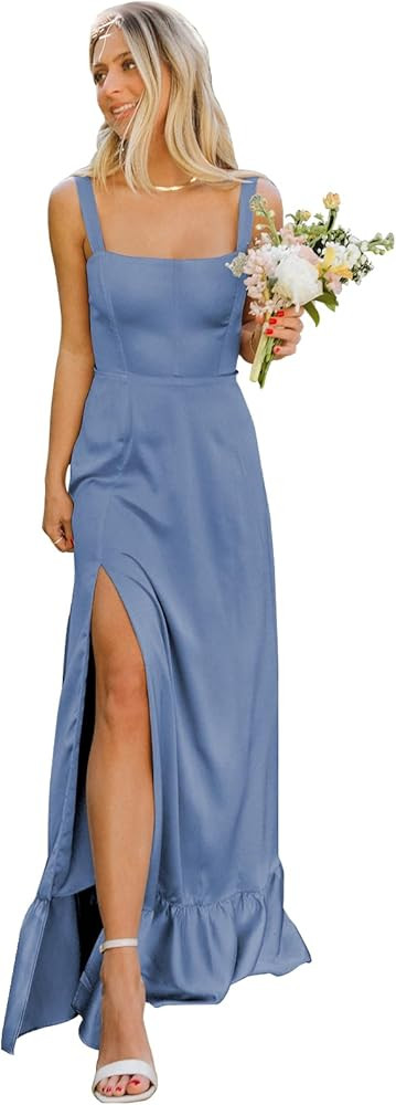 OFEECHUN Satin Bridesmaid Dresses for Women Square Neck Ruffle Evening Formal Gowns with Slit | Amazon (US)