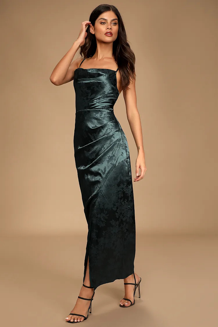 Under the Moonlight Emerald Green Satin Jacquard Maxi Dress | Lulus (US)