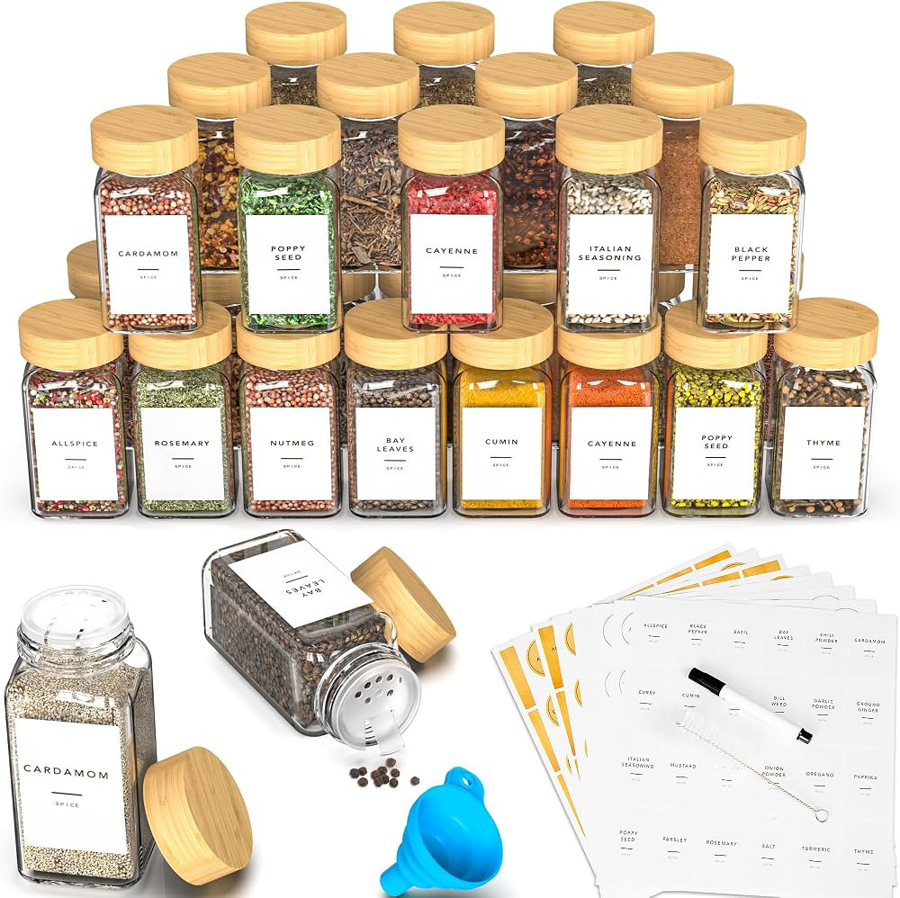 24 Glass Spice Jars with Label, Spice Jar Set with Bamboo Lids 4oz Seasoning Containers Shakers &... | Amazon (US)