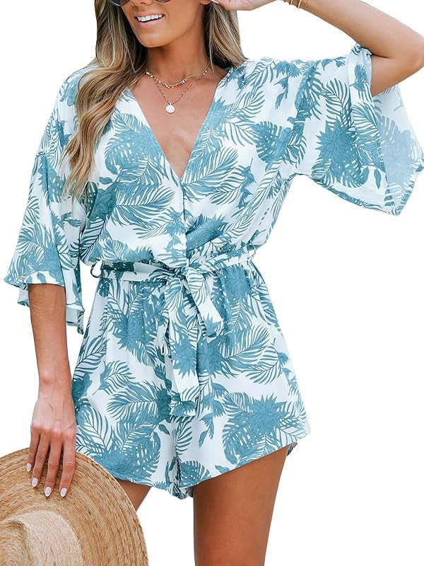 CUPSHE Women's Tropical Floral Leaf Print Belted Romper Mini Jumpsuit with Flare Sleeves | Amazon (US)