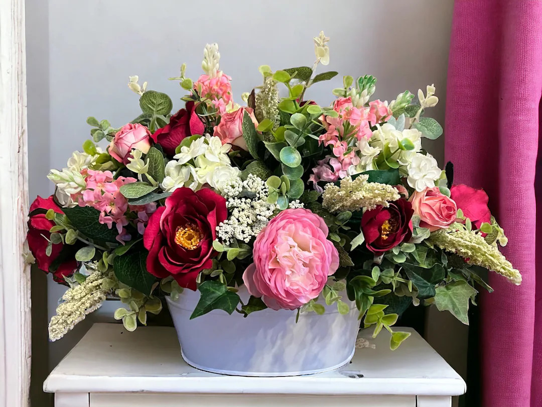 Shabby Chic Rose & Peony Centerpiece: Farmhouse Floral Arrangement | Etsy (US)