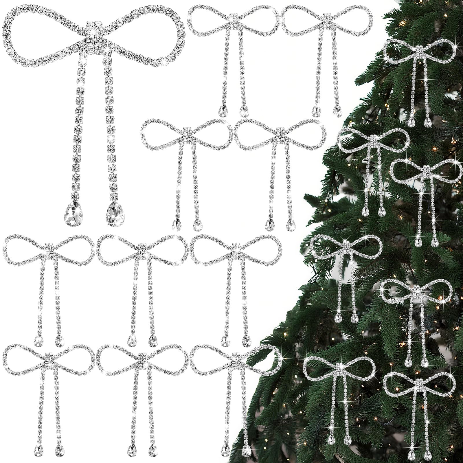 Highergo 12 Pcs Rhinestone Christmas Bows Ornaments Metal Glitter Bow Hanging Ornaments for Chris... | Amazon (US)