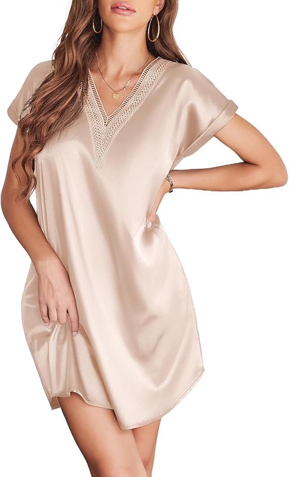 Ekouaer Satin Nightgowns for Women Short Sleeve Nightshirt Sleepwear Guipure Lace V-Neck Sleep Dr... | Amazon (US)