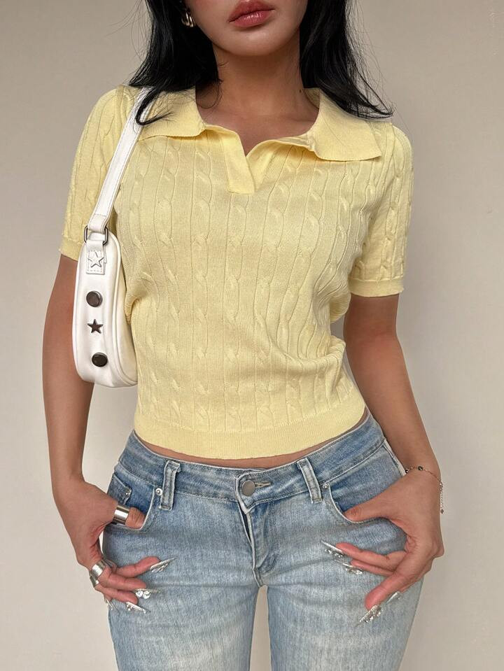Flirla Twist Detail Polo Collar Yellow Knitted Top, Minimalist Fashion Casual Daily Wear | SHEIN