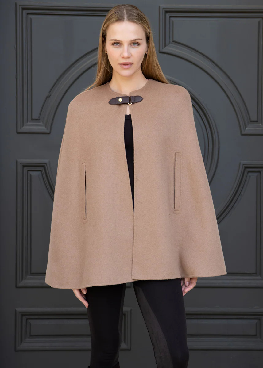 Ella Camel Cape Jacket with Brown Faux Leather Buckle | Benaar La