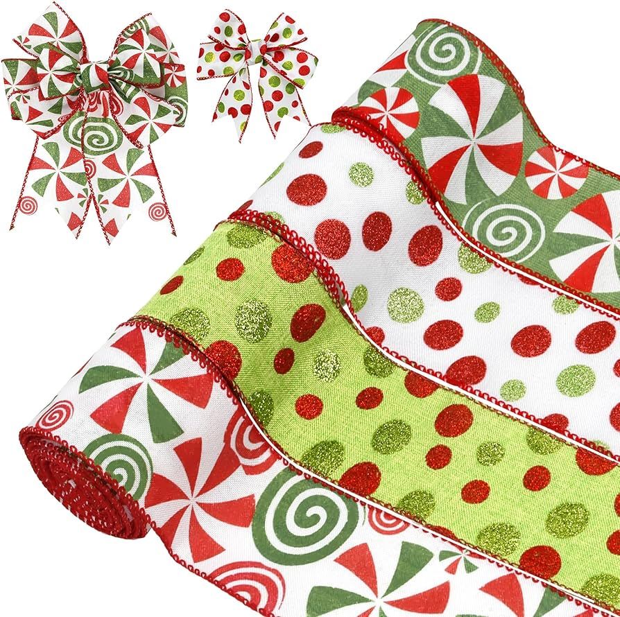 Acerich Christmas Ribbon Wired 24 Yard 2.5 Inch Wide Christmas Tree Ribbon Candy Dot Ribbon for W... | Amazon (US)