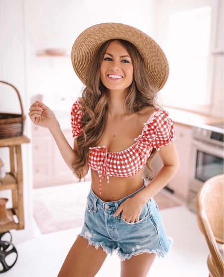 Cute Memorial Day look!

Gingham swimsuit, Levi’s denim shorts, Brixton Joanna straw hat, Memorial Day outfit, summer outfit, beach