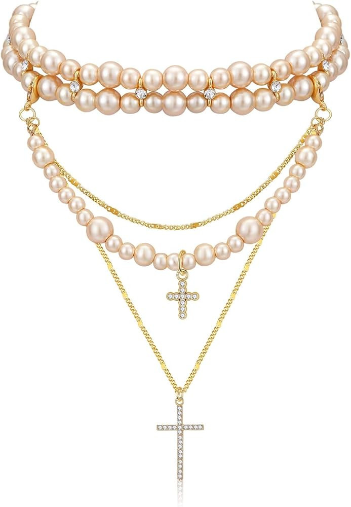 Layered Pearl Cross Necklace Statement Gothic Stacked Rhinestone Pearl Necklace for Wome | Amazon (US)