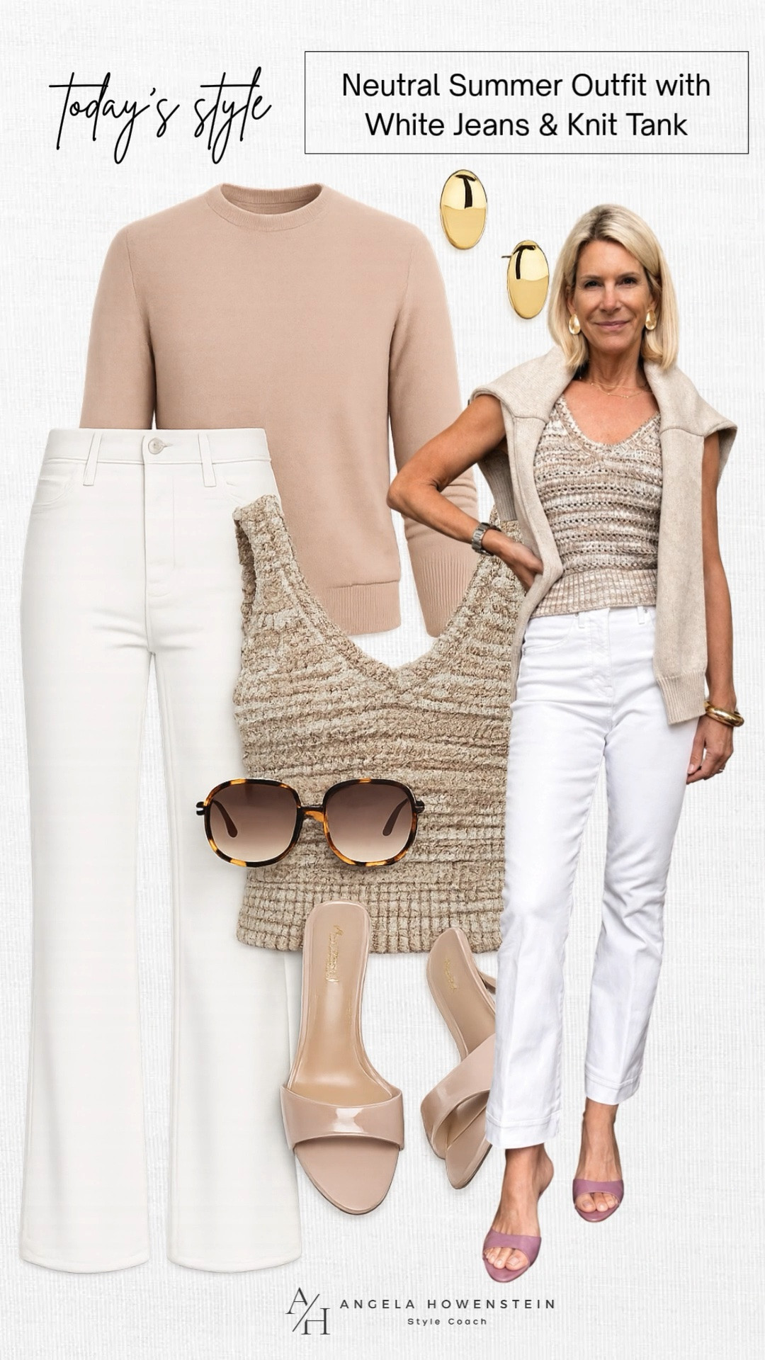 A neutral outfit never goes out of style. I love pairing crisp white jeans with a textured knit tank, a lightweight sweater for layering, and classic nude heels. It's polished, effortless, and perfect from brunch to dinner or even casual Fridays.

❤️ Heart = Support my posts
📌 Save = Get sale & restock alerts
🛍️ Follow me on LTK for more effortless everyday style.

#LTKootd #LTKOver40 #LTKSeasonal
