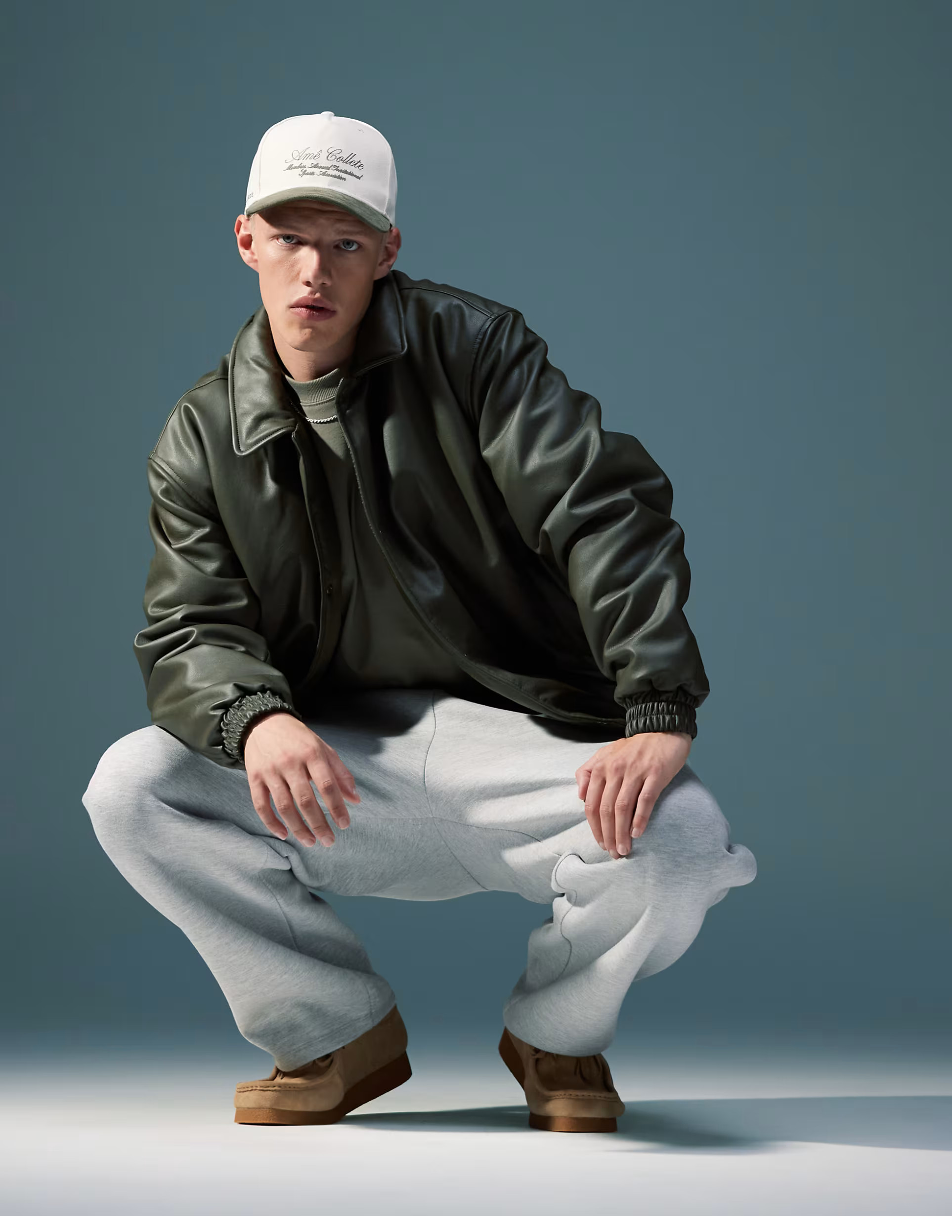 ASOS DESIGN oversized faux leather wadded harrington jacket in khaki | ASOS (Global)