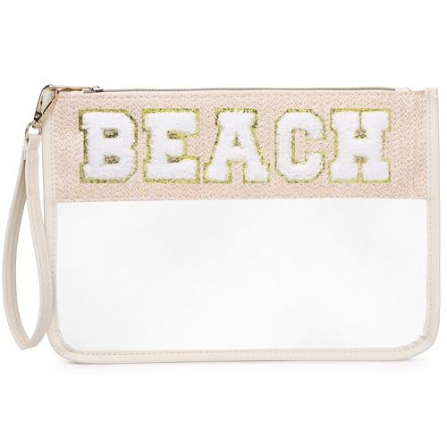 Pinkmik Chenille Letter Clear Zipper Pouch for Travel Clear Snack Bag Beach Cosmetic & Toiletry Makeup Bag for Women (BEACH) | Amazon (US)