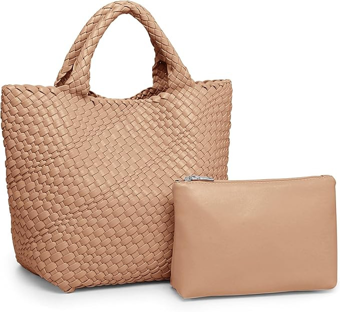 Womens Vegan Leather Woven Bag with Purse, Fashion Handmade Beach Tote Bag Top-handle Handbag | Amazon (US)