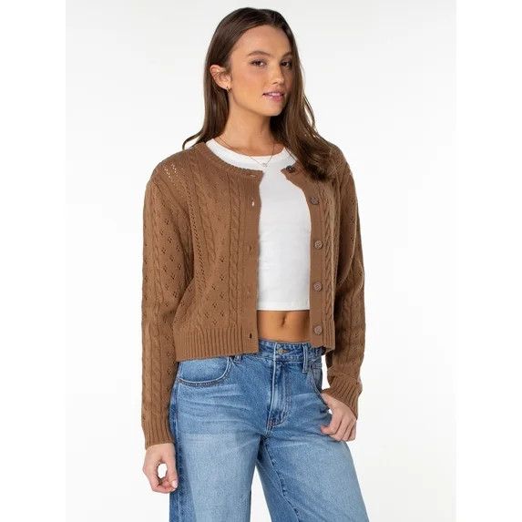 Celebrity Pink Women's Pointelle Crew Neck Cardigan Sweater, Sizes XS-XXXL | Walmart (US)