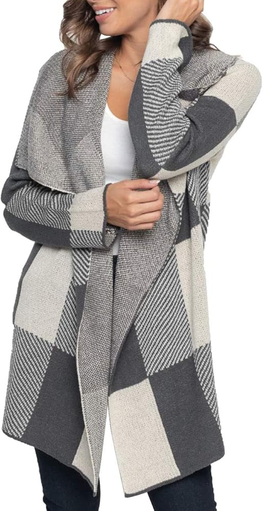 MEROKEETY Womens Plaid Long Sleeve Lapel Collar Drape Knit Cardigan Open Front Sweater Coats | Amazon (US)