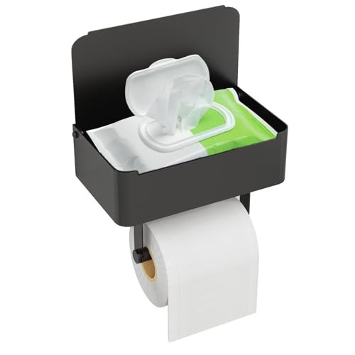 JUYSON Toilet Paper Holder with Shelf, Flushable Wipes Dispenser Fits for Bathroom Wipe Storage, Keep Your Wipes Hidden Out of Sight - SUS304 Stainless Steel Wall Mount Organizer (Matte Black) | Amazon (US)