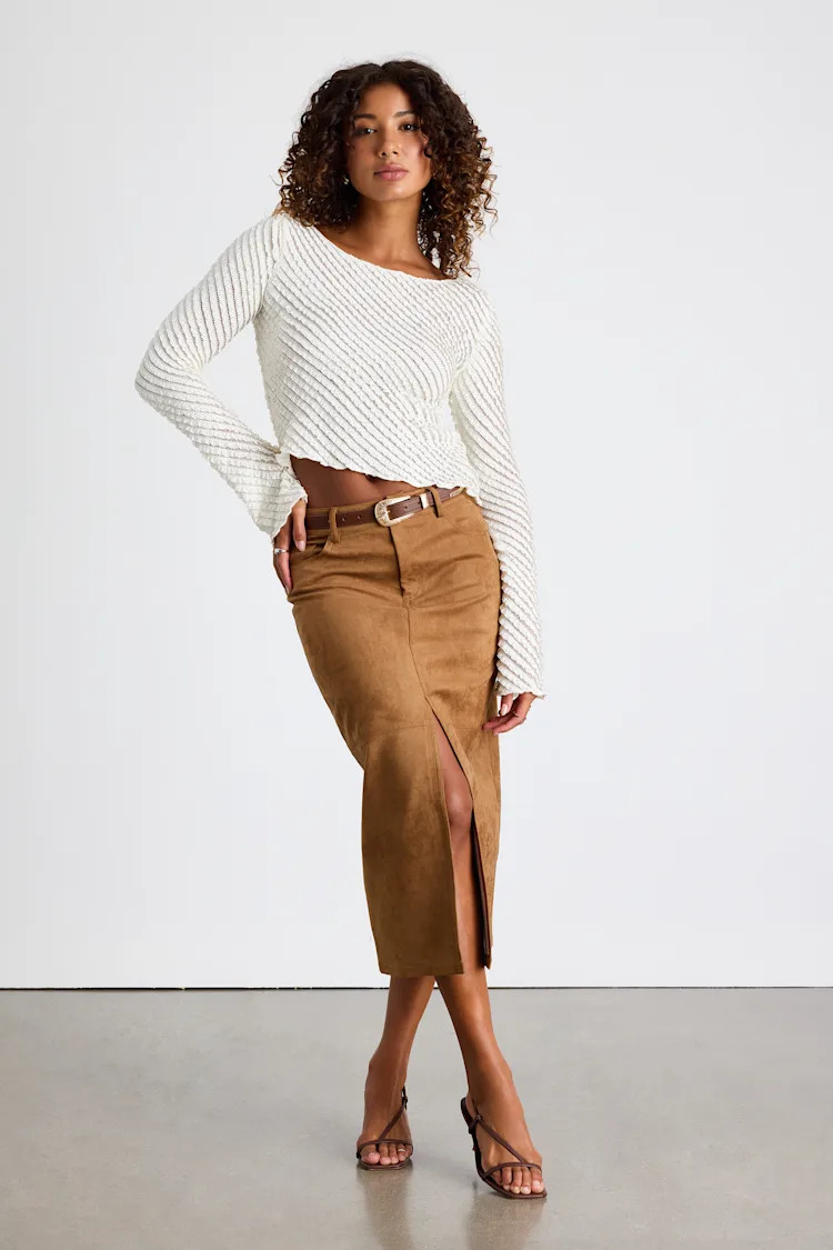 Reeves Light Brown Suede Mid-Rise Midi Skirt | Lulus