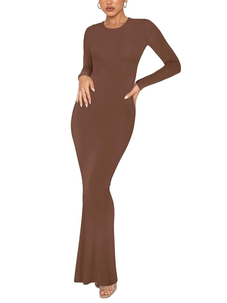 REORIA Women's Sexy Crew Neck Lounge Long Dress Elegant Long Sleeve Ribbed Bodycon Maxi Dresses | Amazon (US)