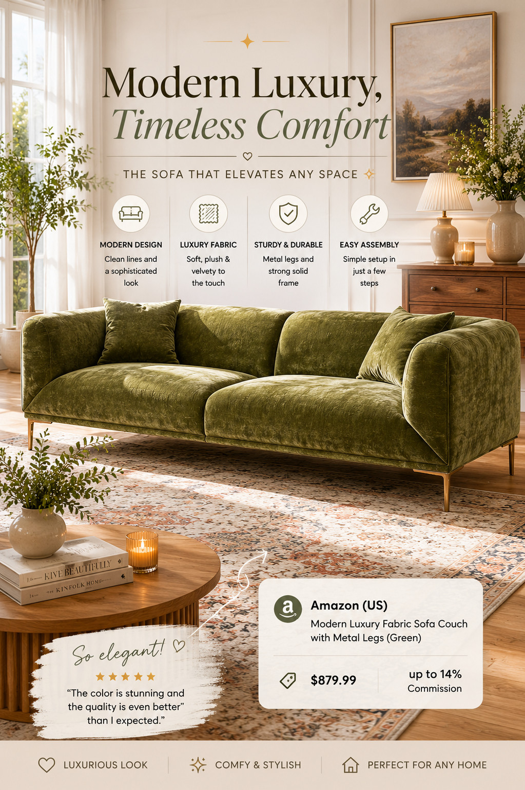 This green sofa is EVERYTHING ✨
The rich olive tone, soft velvet texture, and sleek modern shape make it look straight out of a designer showroom.

It adds so much warmth and luxury to a space without feeling too trendy — timeless, cozy, and elevated all at once 🤎

Definitely one of those pieces that makes your whole home look more expensive instantly.

#ltkhome #luxuryhome #amazonhome #interiordesign #cozyhome 

 #LTKHome
