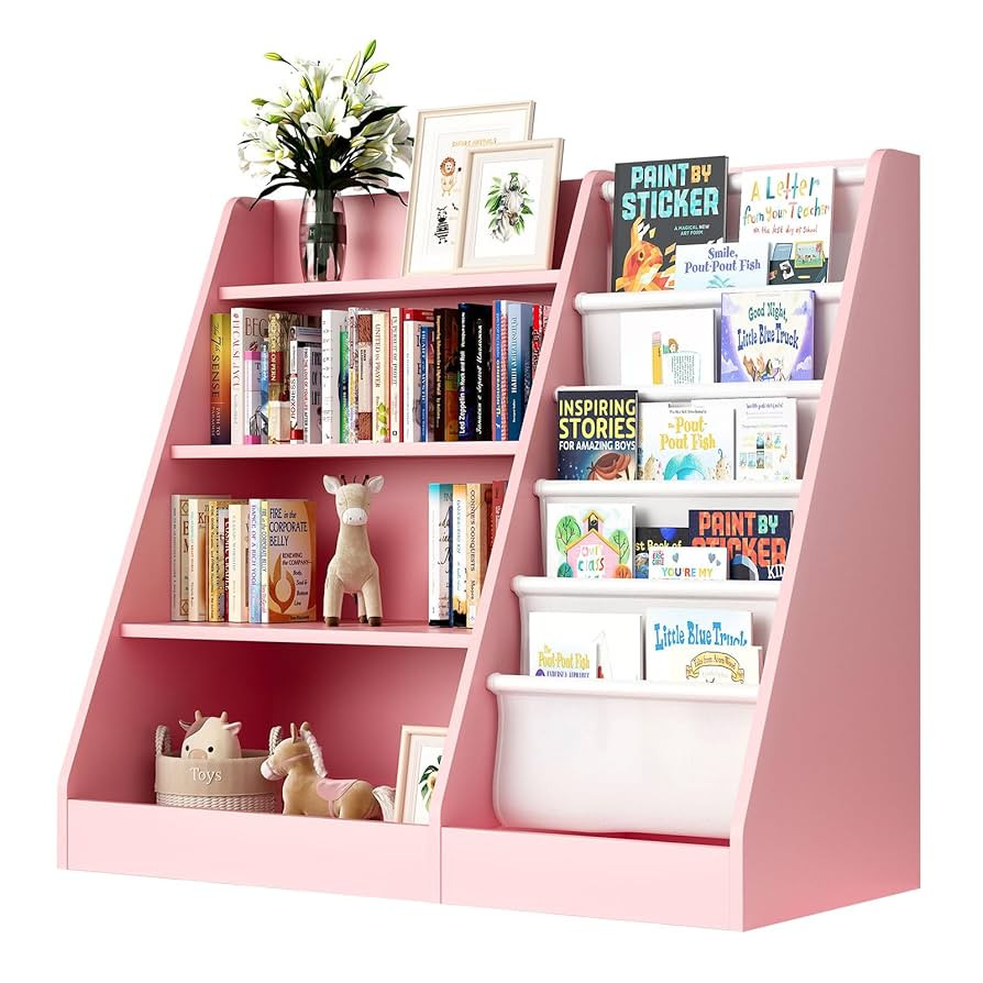 Pink 4-Tier Kids Wooden Bookshelf,5 Layer Sling Bookcase,Baby Storage Book Rack,Kids Book Toy Org... | Amazon (US)
