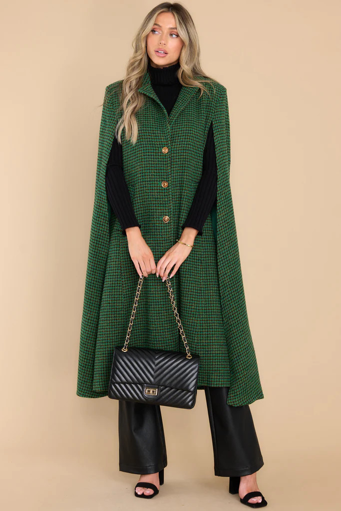 Confident In Herself Green Cape | Red Dress 