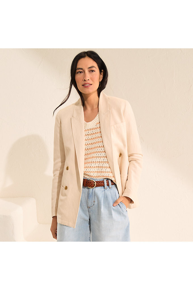 Women's Linen Double Breasted Blazer - Lands' End - Tan - 16 | Lands' End (US)