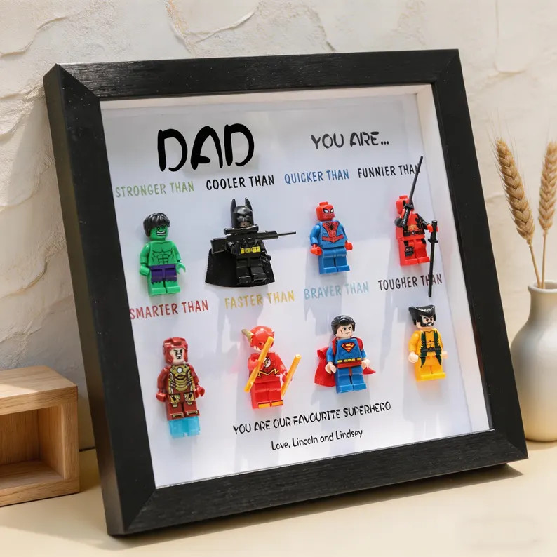 Custom Superhero Minifigure Frame, Personalized Dad Grandpa Gift, Black White Shadow Box - Etsy | Etsy (Global)