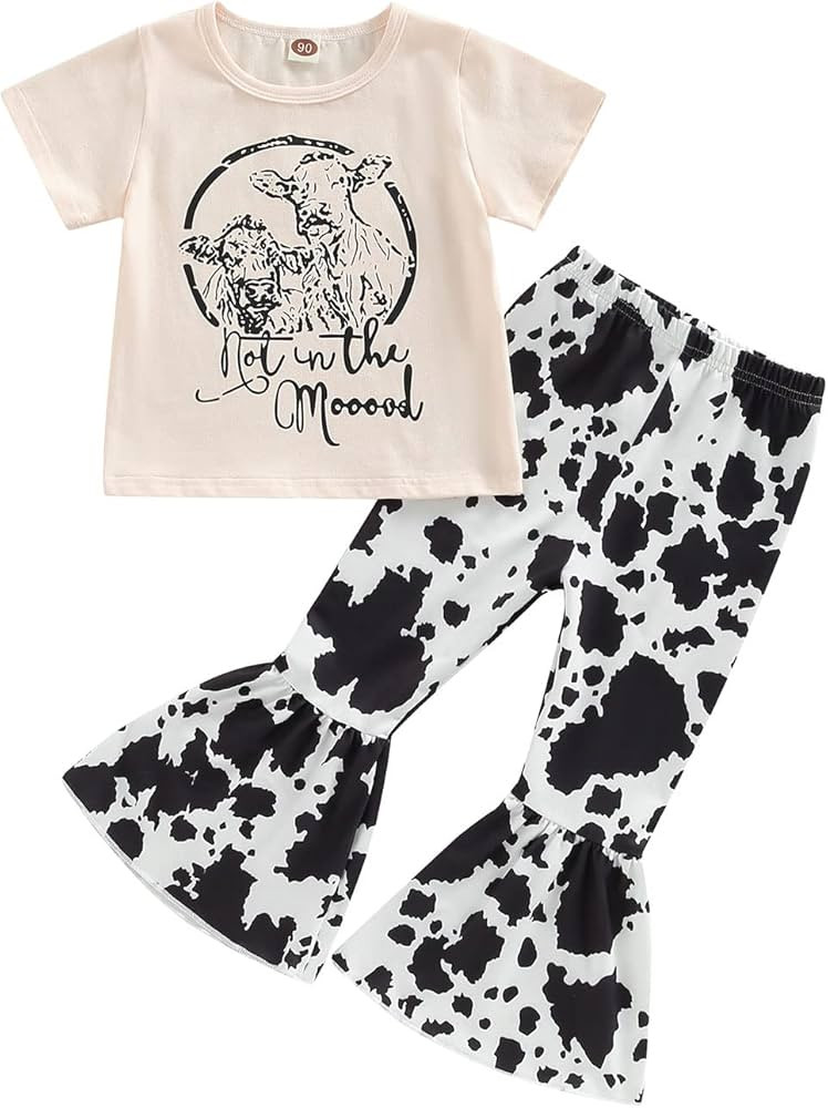 Toddler Baby Girls Cow Print Bell Bottoms Outfits Short Sleeve T Shirt Tops Cowgirl Summer 2Pcs S... | Amazon (US)